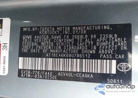 2008 Toyota Camry Xle из США, поврежденный, VIN 4T1BE46K68U786512
